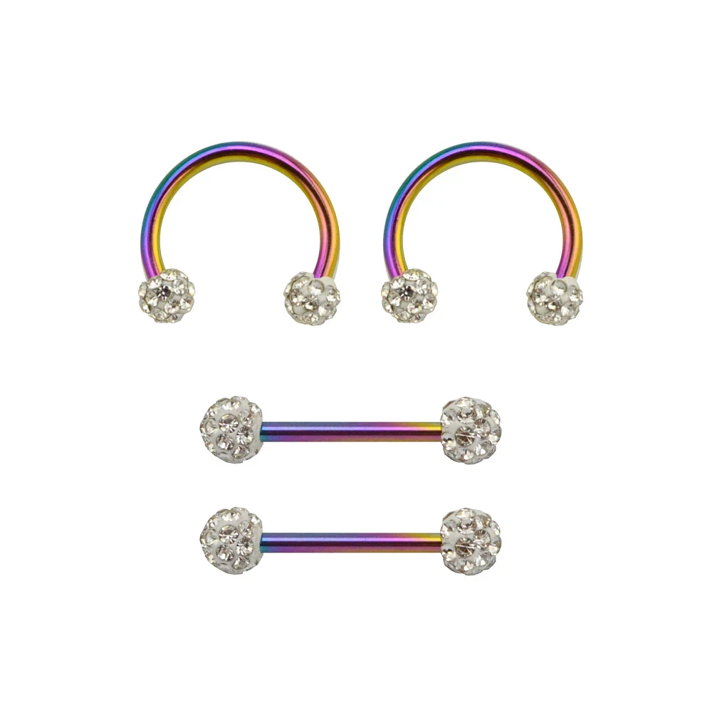 Multi-Pack CZ Oil Slick Nipple Barbells and Horseshoe Rings 2 Pair - 14 Gauge