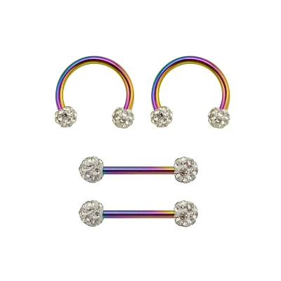 Multi-Pack CZ Oil Slick Nipple Barbells and Horseshoe Rings 2 Pair - 14 Gauge