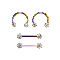 Multi-Pack CZ Oil Slick Nipple Barbells and Horseshoe Rings 2 Pair - 14 Gauge