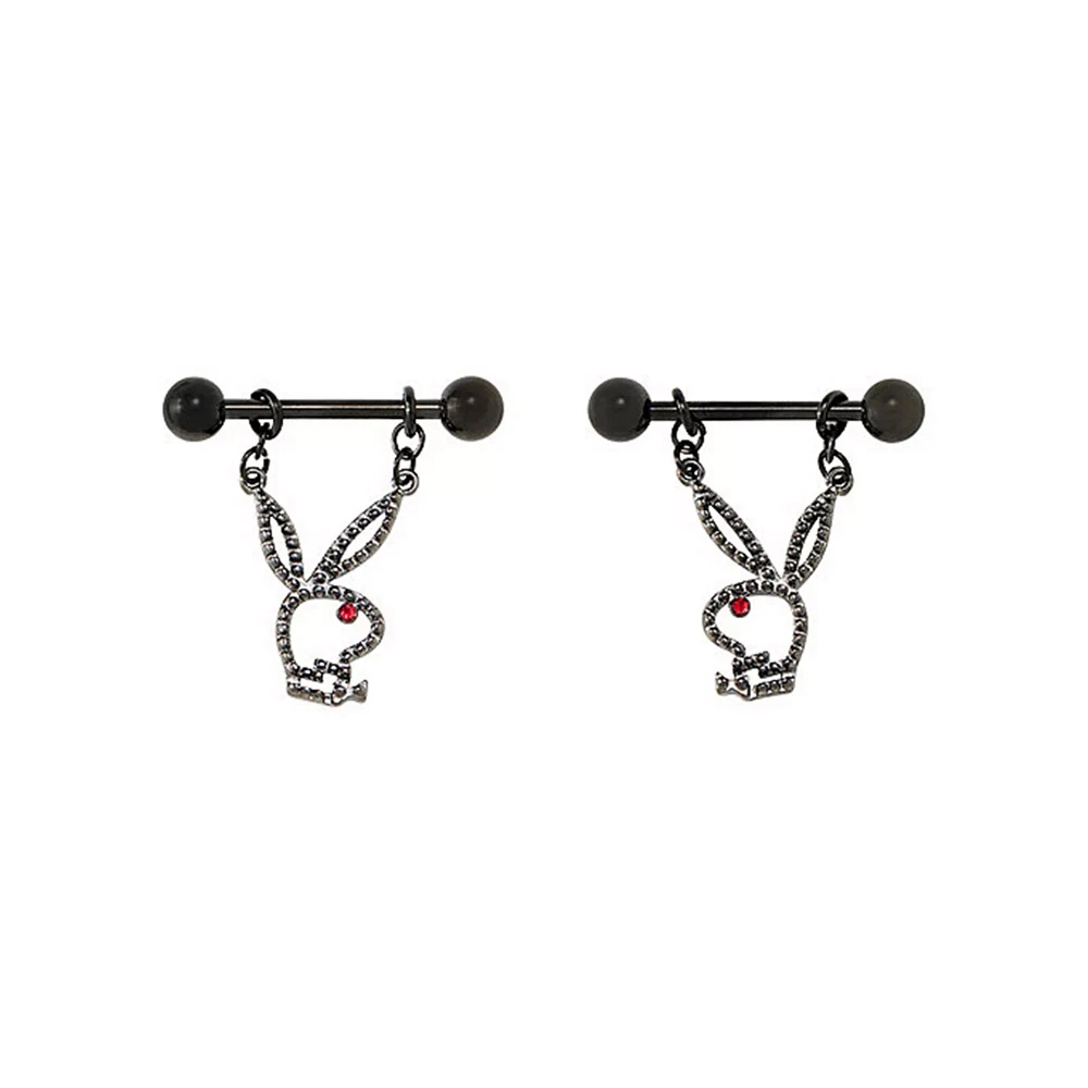 CZ Black Playboy Bunny Dangle Nipple Barbells - 14 Gauge