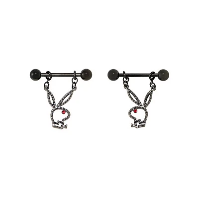 CZ Black Playboy Bunny Dangle Nipple Barbells - 14 Gauge