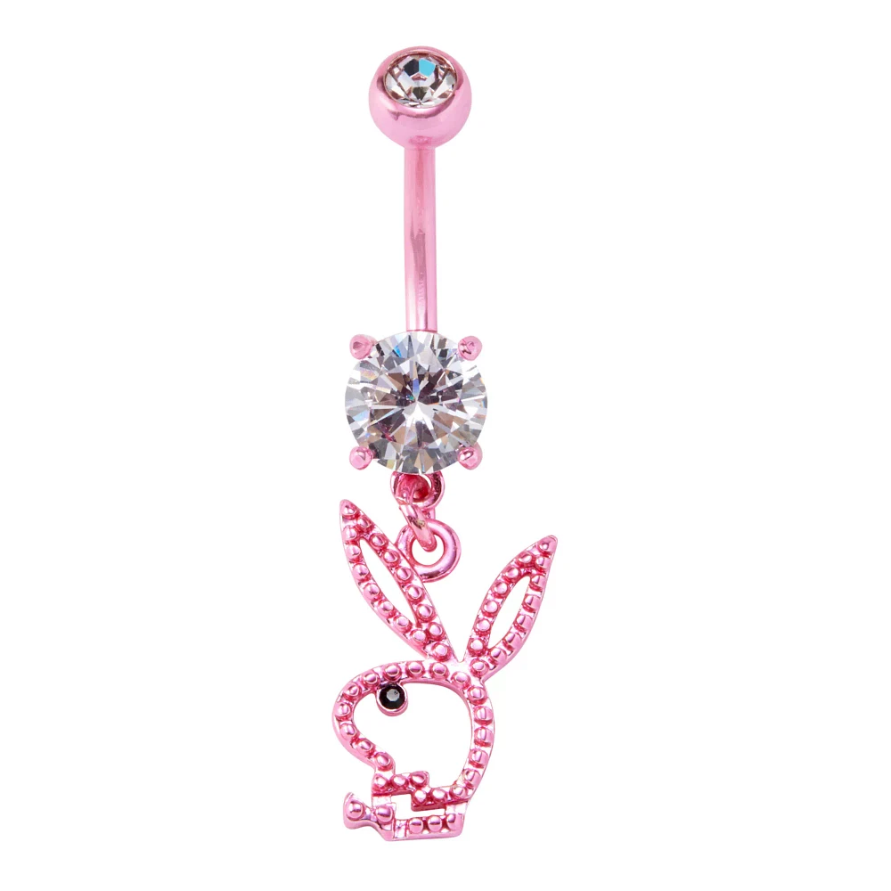 CZ Pink Playboy Bunny Cut Out Dangle Belly Ring - 14 Gauge