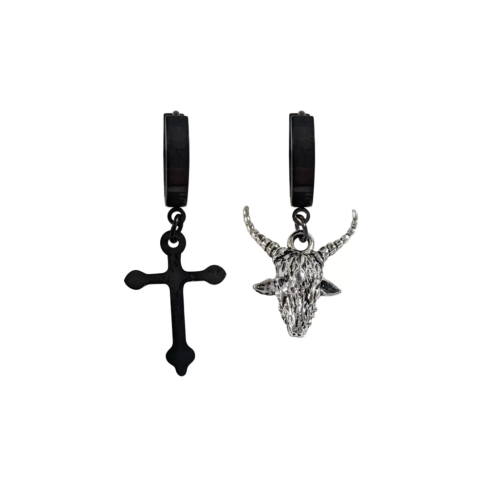 Baphomet and Cross Huggie Dangle Earrings