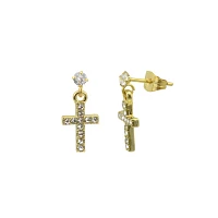 CZ Cluster Goldtone Cross Dangle Earrings - 20 Gauge