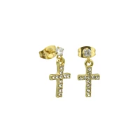 CZ Cluster Goldtone Cross Dangle Earrings - 20 Gauge