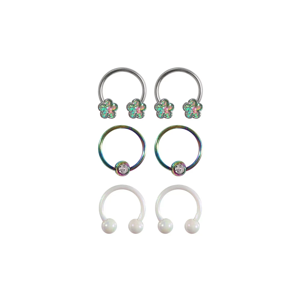 Multi-Pack CZ Flower Horseshoe Rings and Captive Rings 3 Pair - 16 Gauge