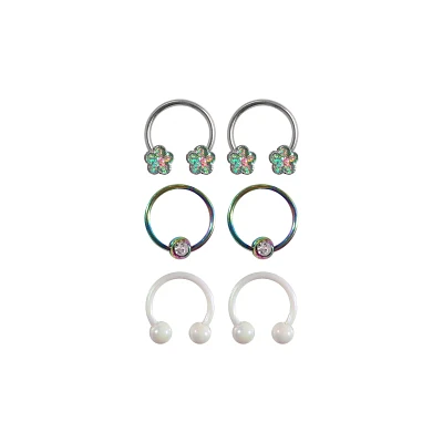 Multi-Pack CZ Flower Horseshoe Rings and Captive Rings 3 Pair - 16 Gauge