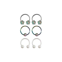 Multi-Pack CZ Flower Horseshoe Rings and Captive Rings 3 Pair - 16 Gauge