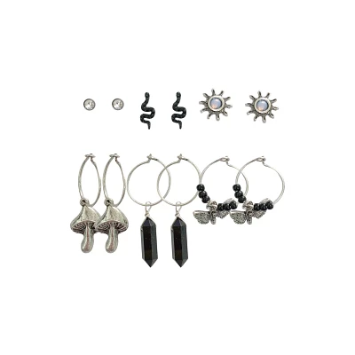 Multi Pack Mushroom Moth Crystal Sun Hoop Dangle and Stud Earrings - 6 Pair