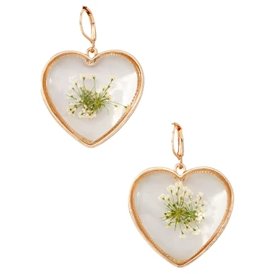 Gold Plated Resin Flower Heart Dangle Earrings