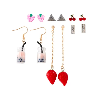 Multi-Pack Cherry Strawberry Boba Dangle and Stud Earrings - 6 Pairs