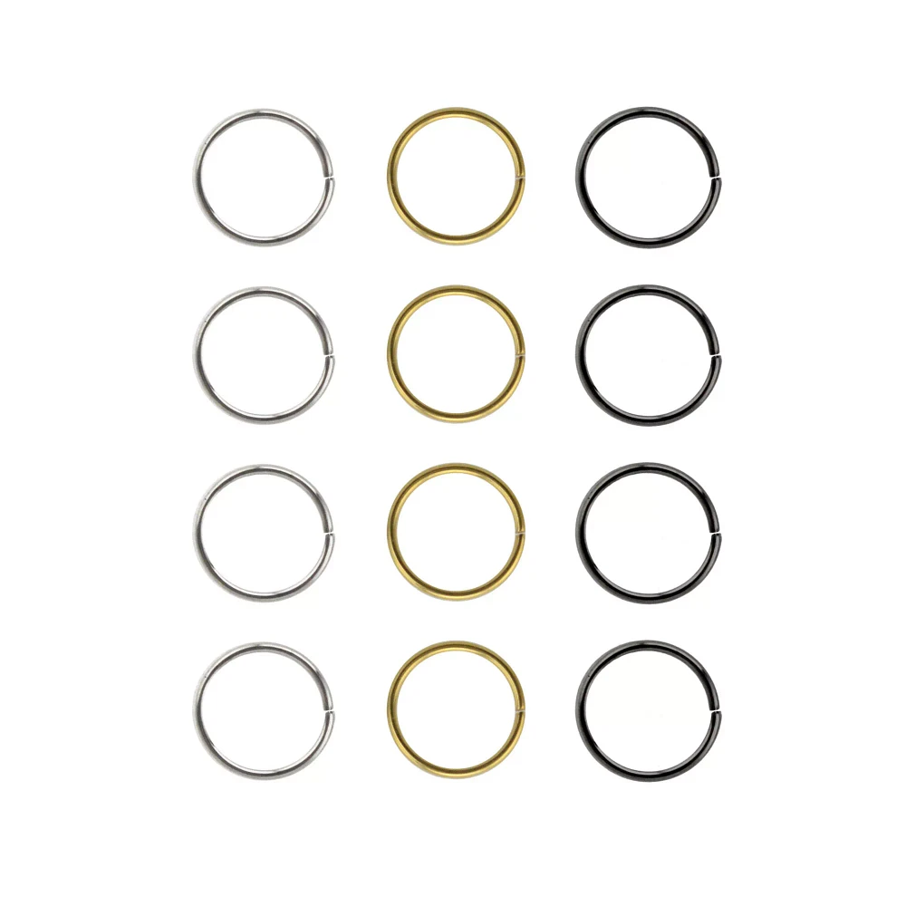 Multi-Pack Silvertone Goldtone Black Seamless Hoop Nose Rings 12 Pack