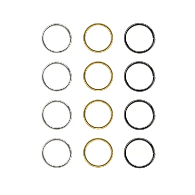 Multi-Pack Silvertone Goldtone Black Seamless Hoop Nose Rings 12 Pack