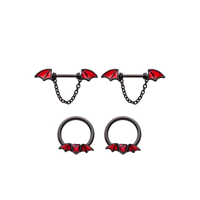 Multi-Pack Black Bat Dangle Nipple Barbells 2 Pair - 14 Gauge