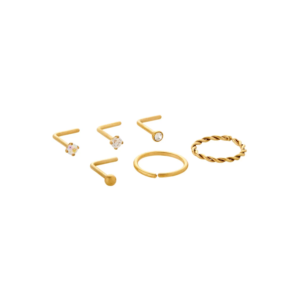 Multi-Pack CZ Titanium Goldplated Hoops and L-Bend Nose Rings 6 Pack - 20 Gauge