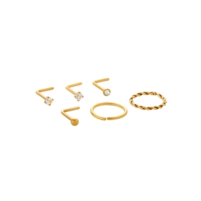 Multi-Pack CZ Titanium Goldplated Hoops and L-Bend Nose Rings 6 Pack - 20 Gauge