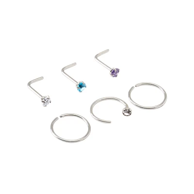 Multi-Pack CZ Silverplated L-Bend and Hoop Nose Rings 6 Pack - 20 Gauge