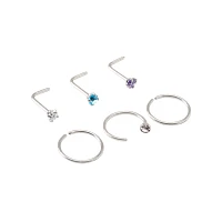 Multi-Pack CZ Silverplated L-Bend and Hoop Nose Rings 6 Pack - 20 Gauge