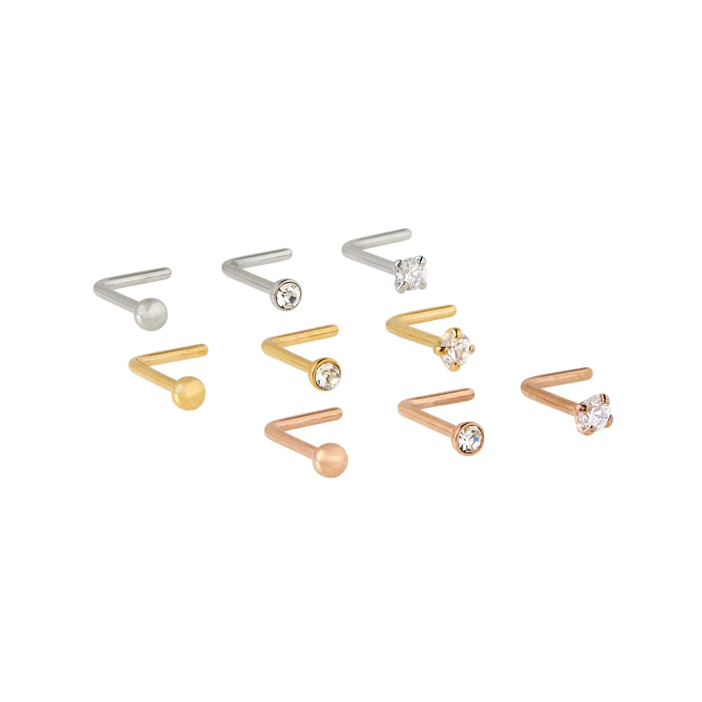 Multi-Pack CZ Silvertone Goldtone and Rose Goldtone L-Bend Nose Rings 9 Pack - 20 Gauge