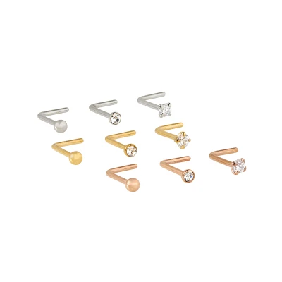 Multi-Pack CZ Silvertone Goldtone and Rose Goldtone L-Bend Nose Rings 9 Pack - 20 Gauge