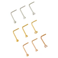 Multi-Pack CZ Silvertone Goldtone and Rose Goldtone L-Bend Nose Rings 9 Pack - 20 Gauge