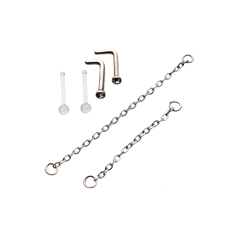 Multi-Pack CZ L-Bend Nose Rings and Chains 2 Pair - 18 Gauge