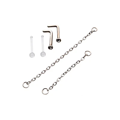 Multi-Pack CZ L-Bend Nose Rings and Chains 2 Pair - 18 Gauge