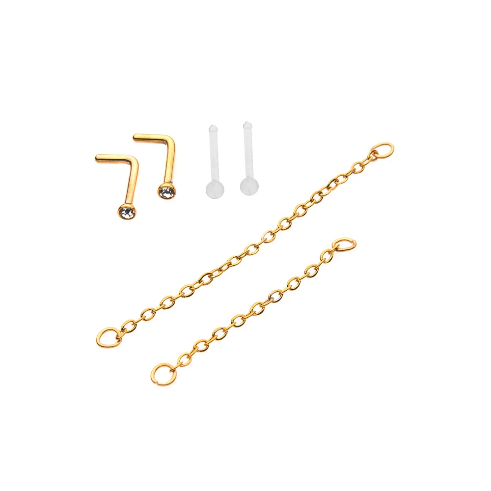Multi-Pack CZ Goldplated L-Bend Nose Rings and Chains 2 Pair - 18 Gauge