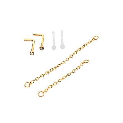 Multi-Pack CZ Goldplated L-Bend Nose Rings and Chains 2 Pair - 18 Gauge