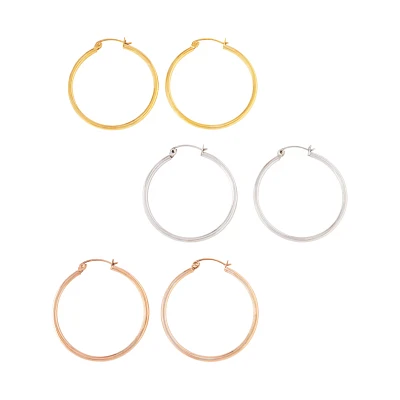 Multi-Pack Silvertone Goldplated and Rose Goldplated Hoop Earrings 3 Pairs - 20 Gauge