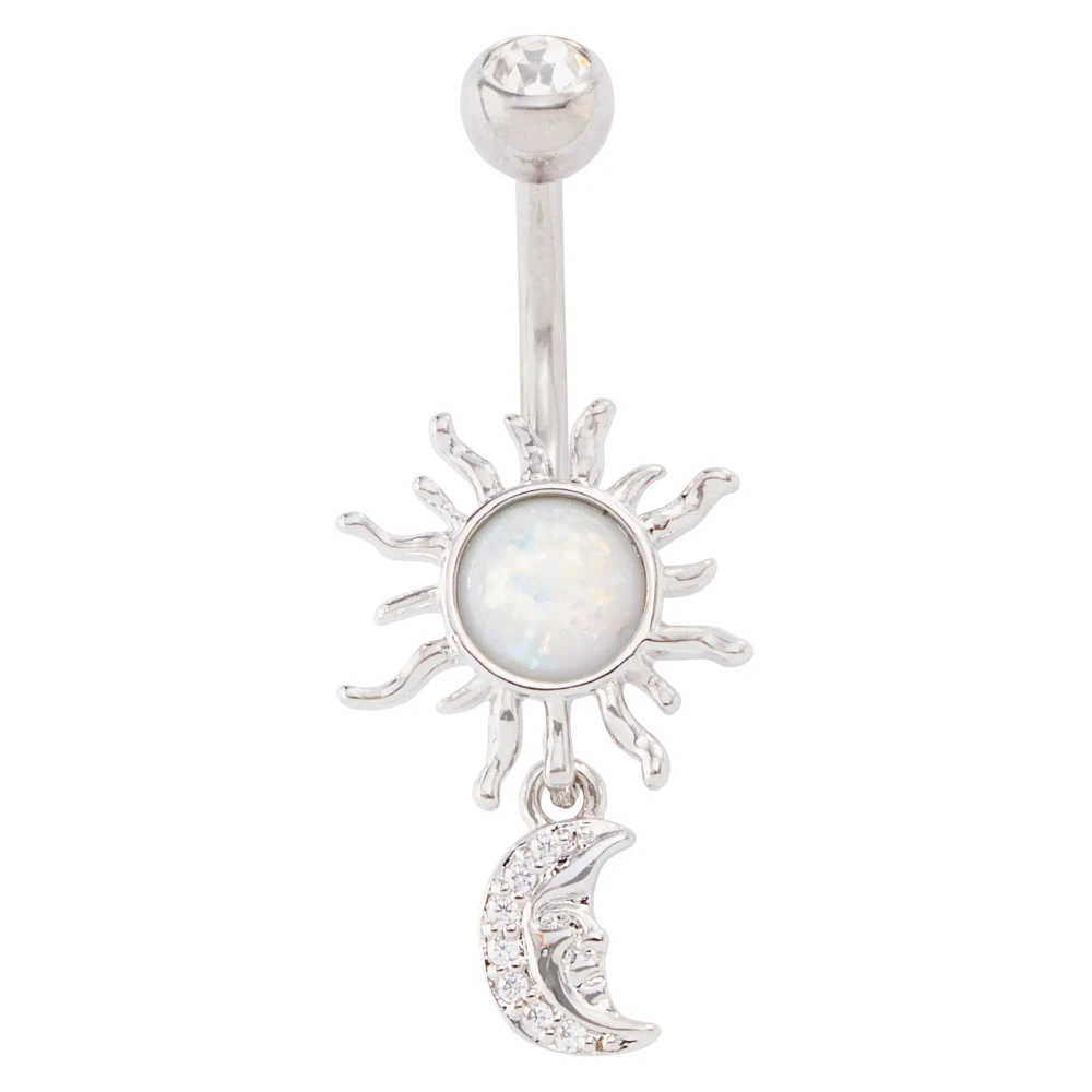 CZ Opal-Effect Sun Moon Dangle Belly Ring - 14 Gauge