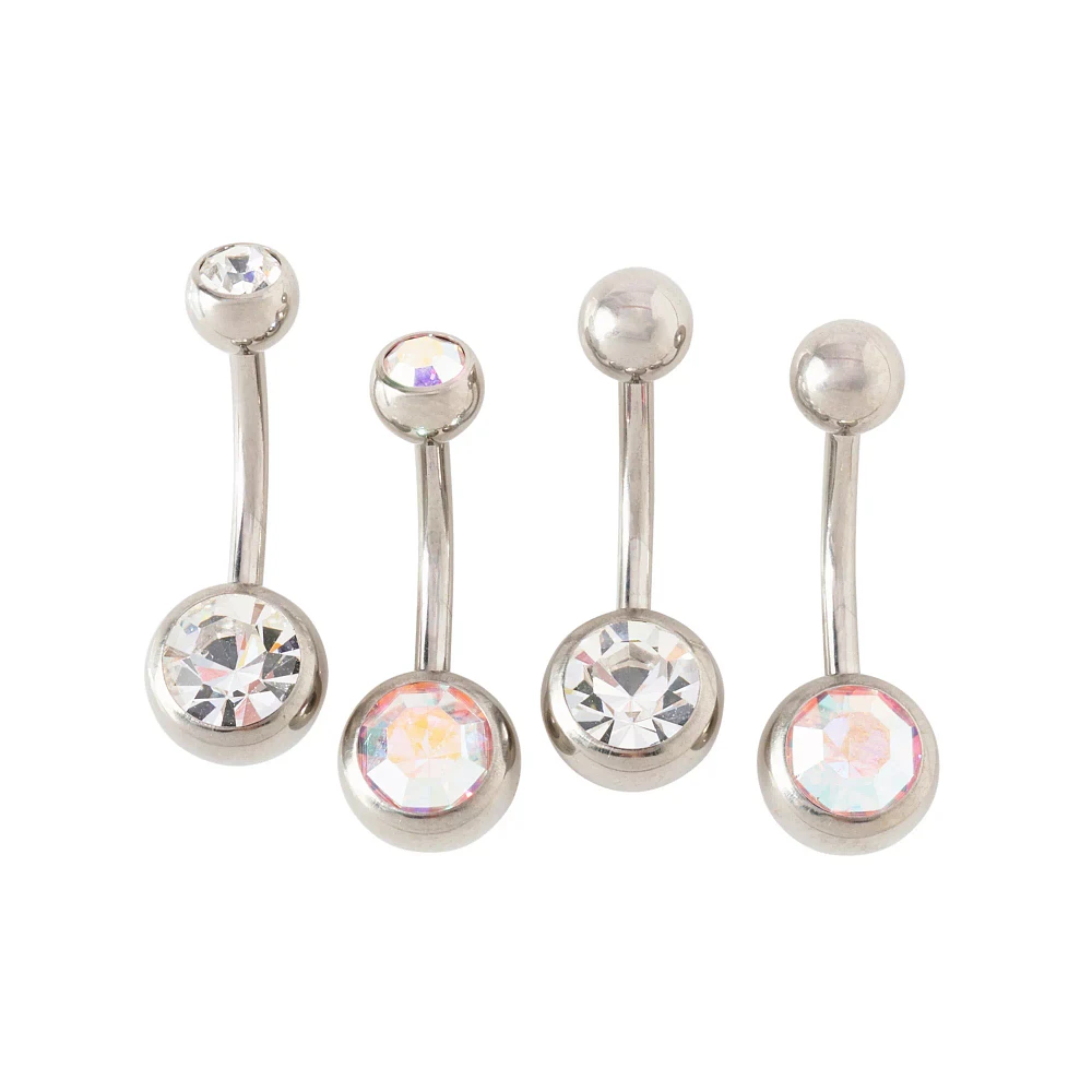 Multi-Pack CZ Silvertone Belly Rings 4 Pack - 14 Gauge