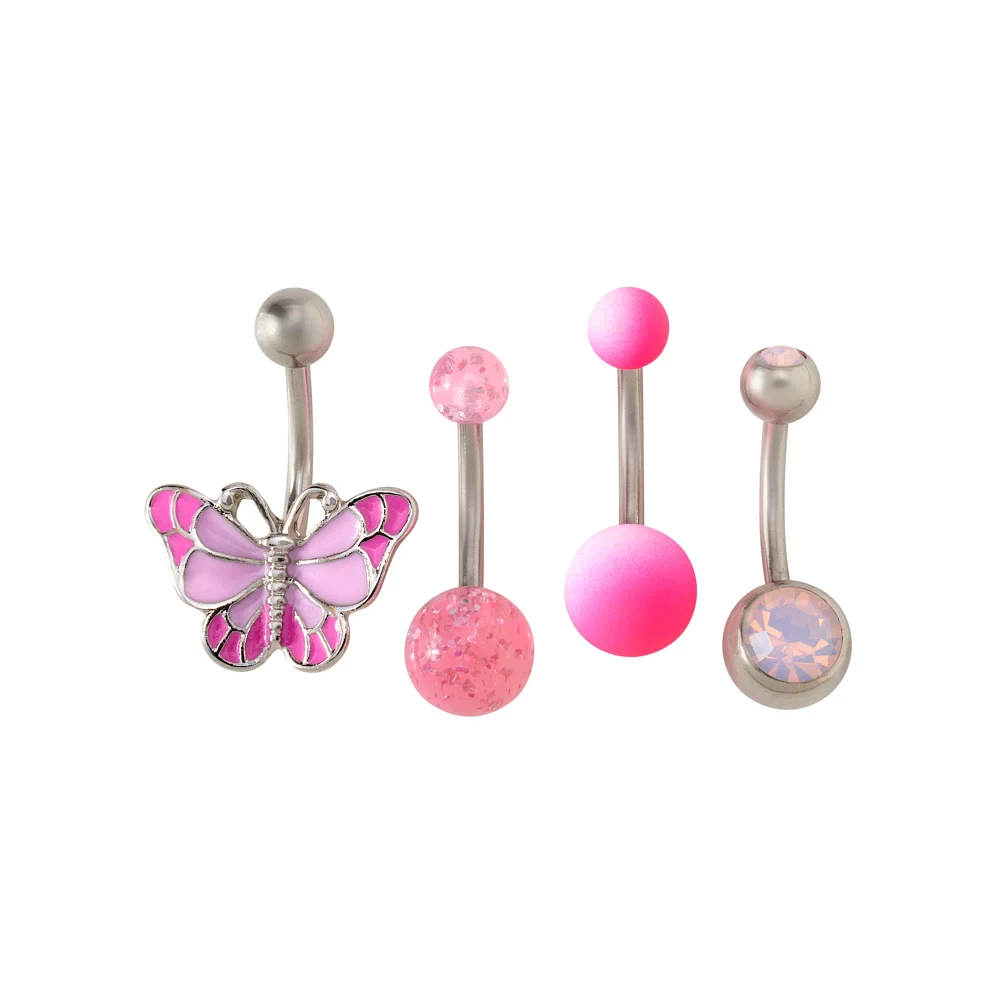 Multi-Pack CZ and Opal-Effect Butterfly Belly Rings 4 Pack - 14 Gauge