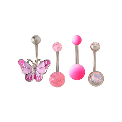 Multi-Pack CZ and Opal-Effect Butterfly Belly Rings 4 Pack - 14 Gauge