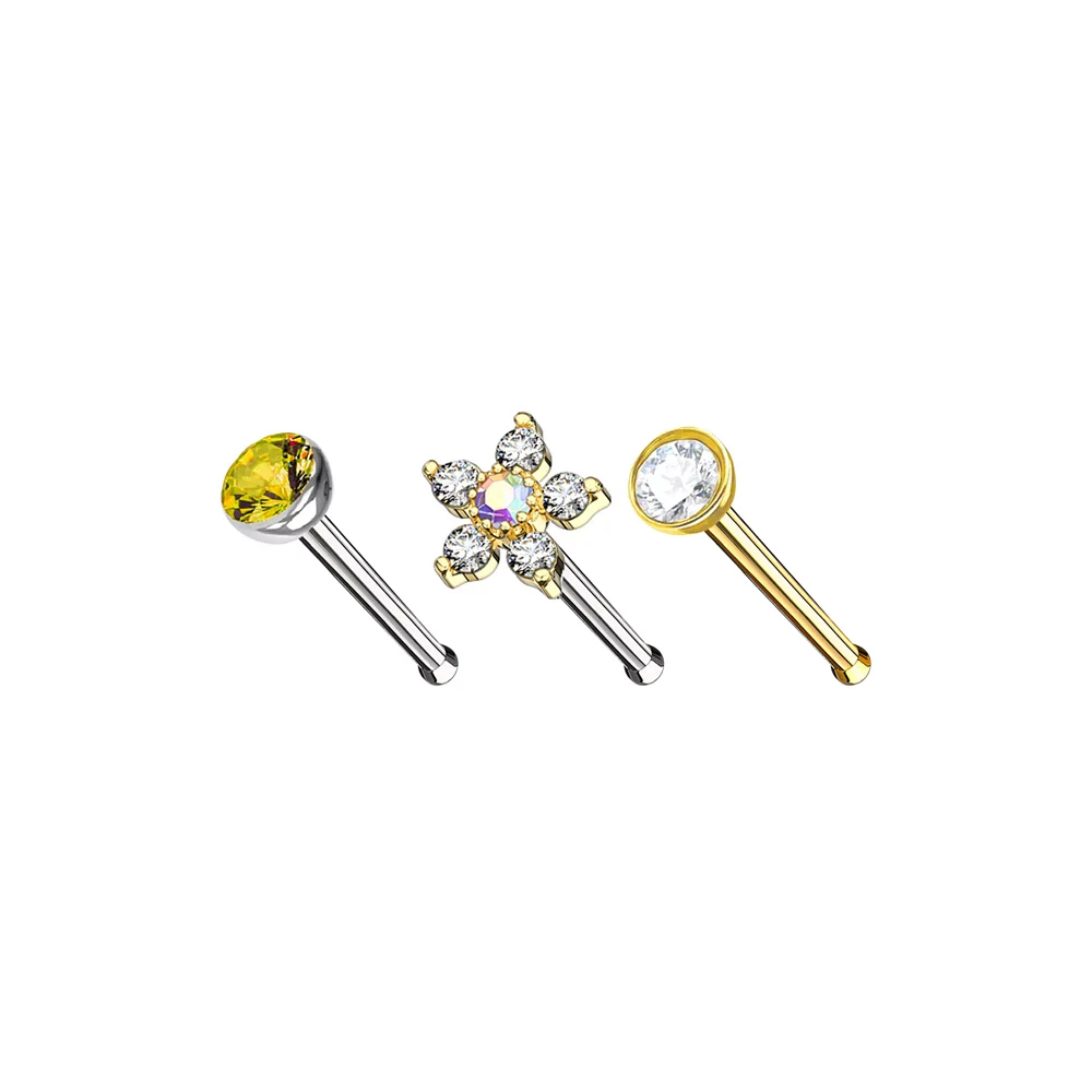 Multi-Pack CZ Flower and Aurora Borealis Effect Bone Nose Rings 3 Pack - 20 Gauge