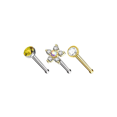 Multi-Pack CZ Flower and Aurora Borealis Effect Bone Nose Rings 3 Pack - 20 Gauge