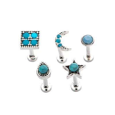 Multi-Pack Blue CZ Moon and Star Labret Lip Rings 5 Pack - 16 Gauge