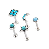 Multi-Pack Blue CZ Moon and Star Labret Lip Rings 5 Pack - 16 Gauge
