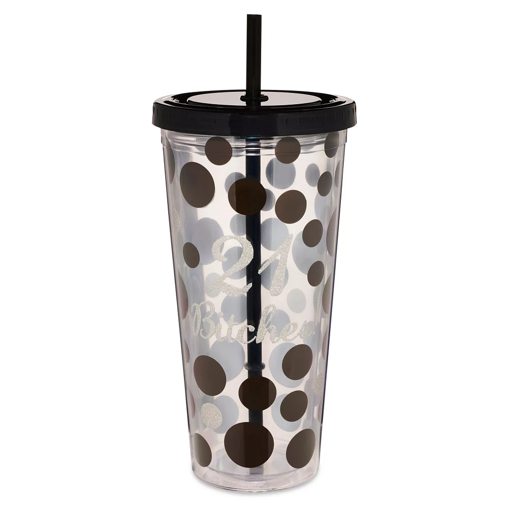 Polka Dot 21 Bitches Cup with Straw - 20 oz.