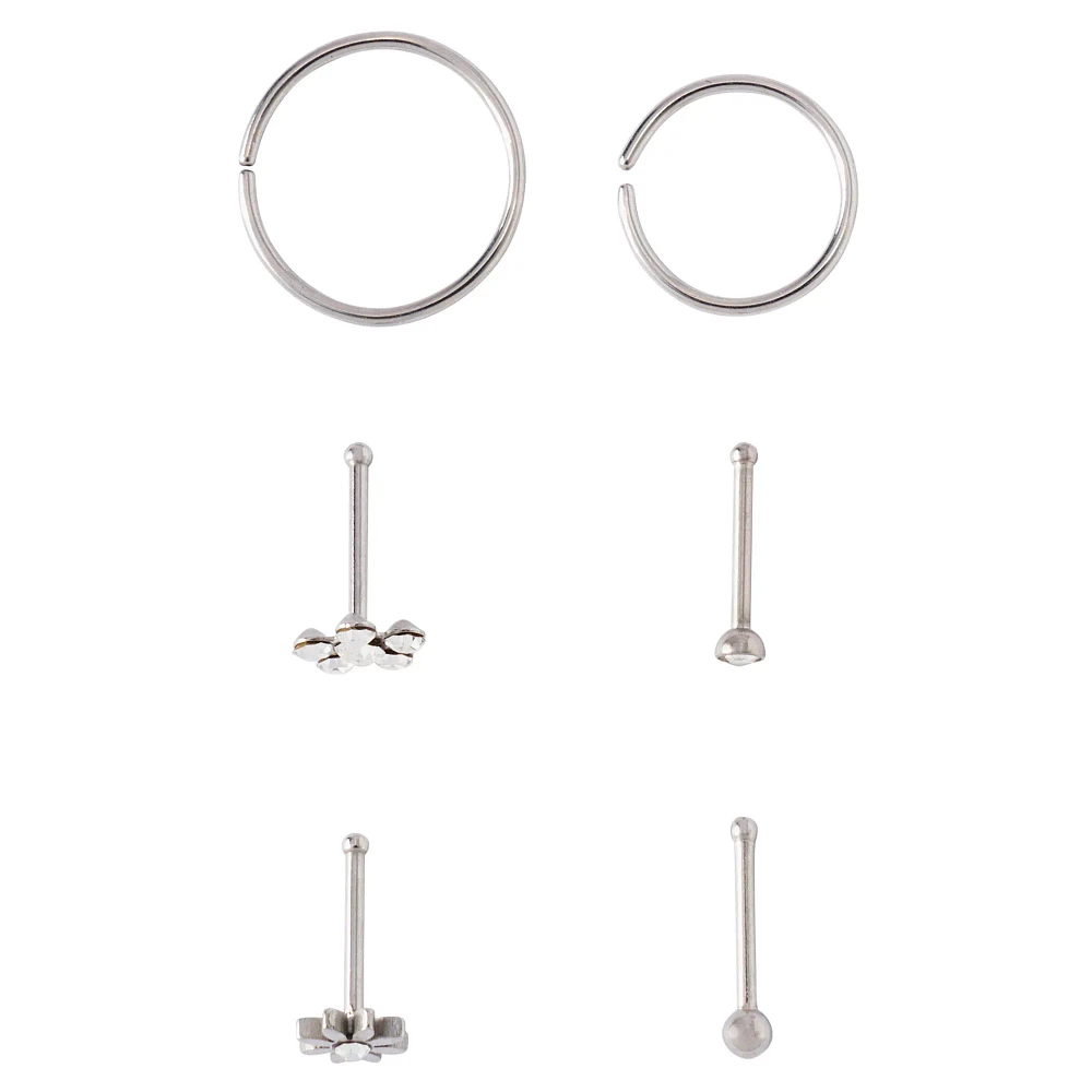 Multi-Pack CZ Flower Seamless Hoops and Bone Nose Rings 6 Pack - 20 Gauge