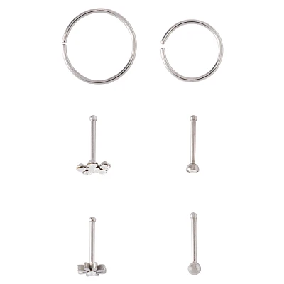 Multi-Pack CZ Flower Seamless Hoops and Bone Nose Rings 6 Pack - 20 Gauge