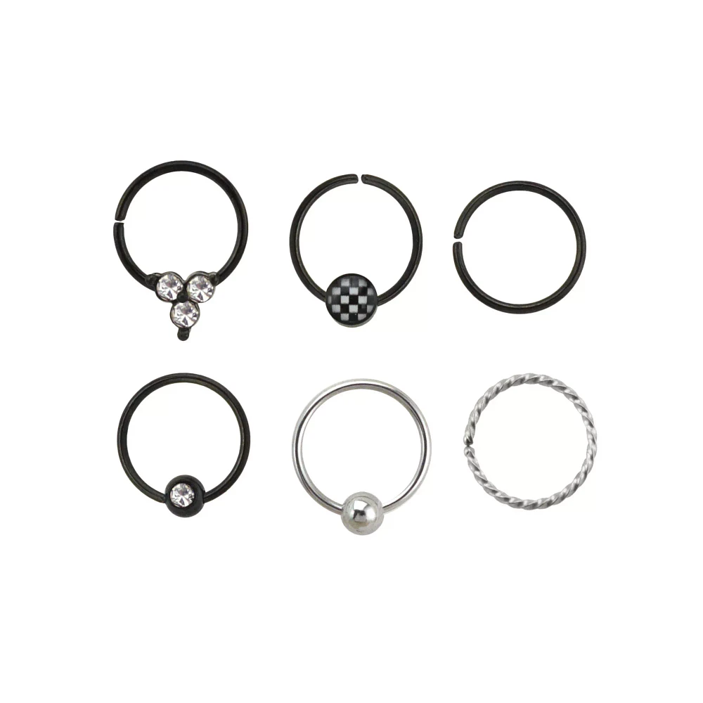 Multi-Pack CZ Black and Silvertone Hoop Nose Rings 6 Pack - 20 Gauge