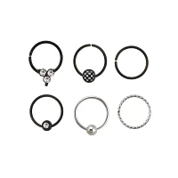 Multi-Pack CZ Black and Silvertone Hoop Nose Rings 6 Pack - 20 Gauge