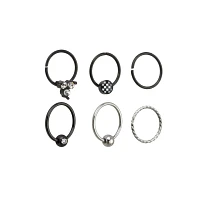 Multi-Pack CZ Black and Silvertone Hoop Nose Rings 6 Pack - 20 Gauge