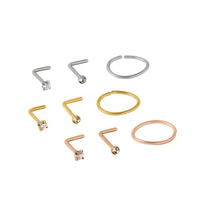 Multi-Pack CZ Rose Gold Silver and Gold L-Bend and Hoop Nose Rings 9 Pack - 20 Gauge