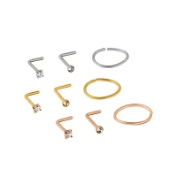 Multi-Pack CZ Rose Gold Silver and Gold L-Bend and Hoop Nose Rings 9 Pack - 20 Gauge
