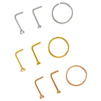 Multi-Pack CZ Rose Gold Silver and Gold L-Bend and Hoop Nose Rings 9 Pack - 20 Gauge