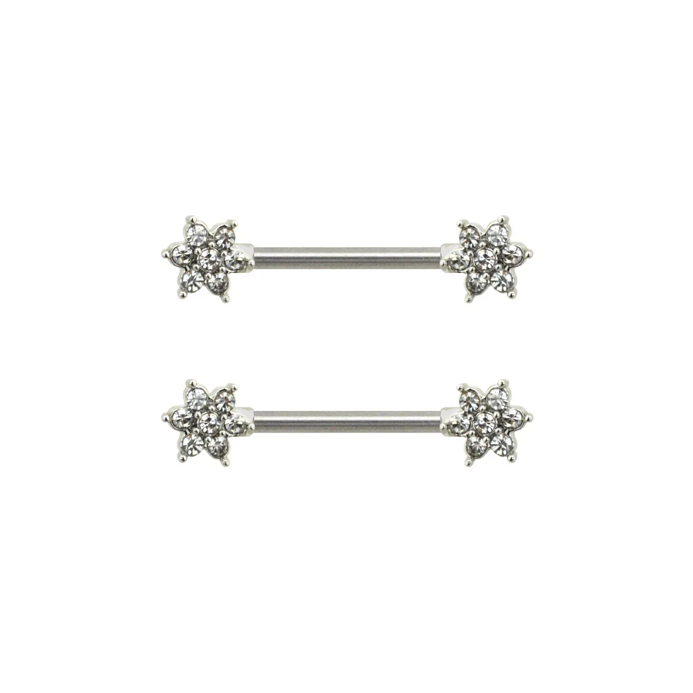 CZ Silvertone Flower Nipple Barbells - 14 Gauge