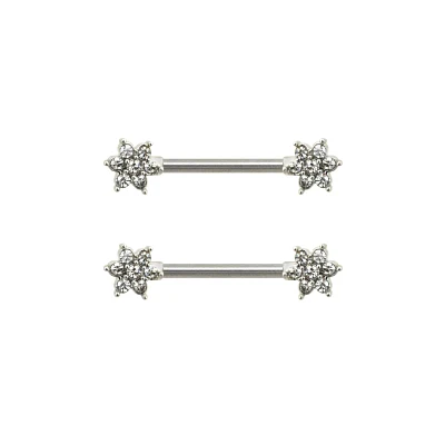 CZ Silvertone Flower Nipple Barbells - 14 Gauge