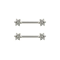 CZ Silvertone Flower Nipple Barbells - 14 Gauge